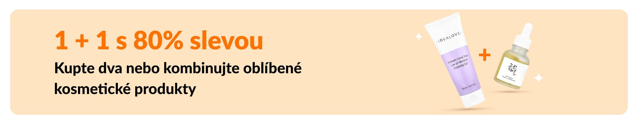 Akce na kosmetické produkty 1 + 1 s 80% slevou, s produkty péče o pleť a kombinací oblíbených kosmetických produktů.