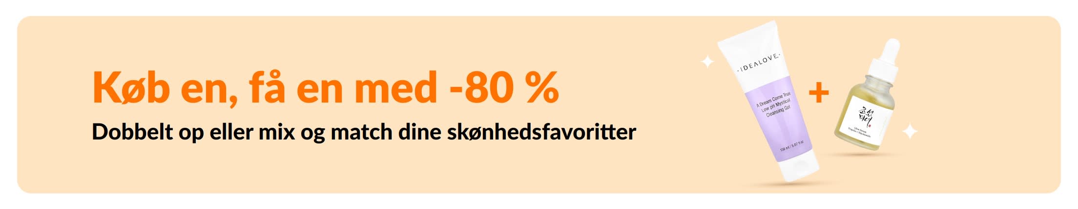 Køb en, få en med -80 % rabat på skønhed med hudplejeprodukter og en kampagne, hvor du kan blande dine favoritter inden for skønhedsprodukter.