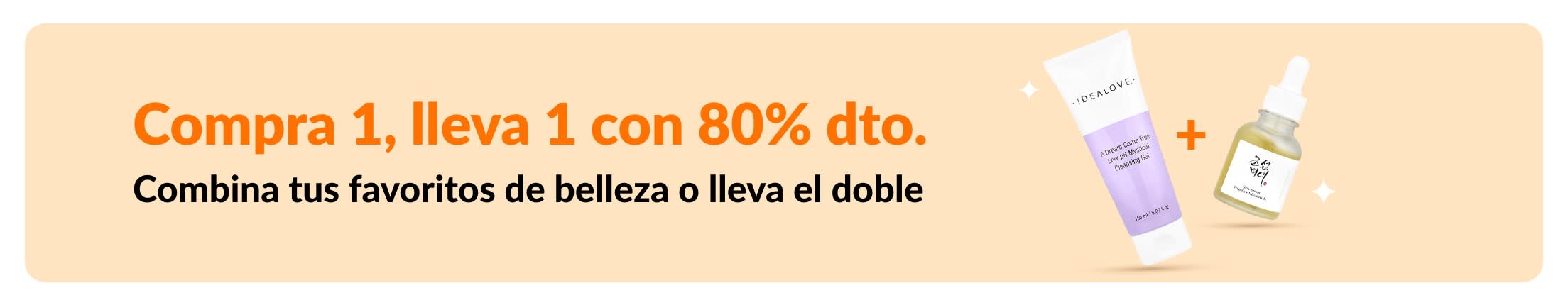 Oferta de “Compra 1, lleva 1 con 80% de dto.” para combinar tus productos de belleza favoritos.
