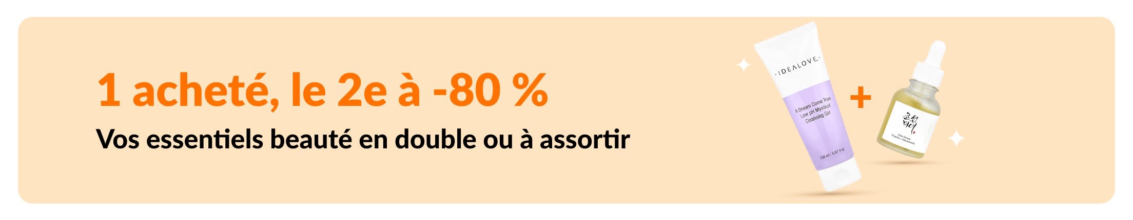 Offre beauté : un acheté, le deuxième à -80 %, sur une sélection de soins et de produits beauté à assortir selon vos envies.