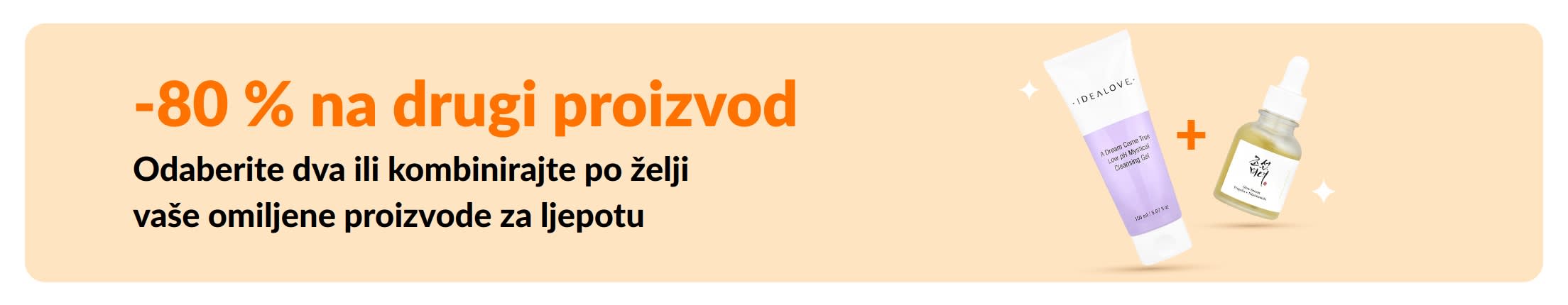 Reklamni natpis za ponudu „-80 % na drugi proizvod, odaberite dva ili kombinirajte po želji vaše omiljene proizvode za ljepotu” s prikazom proizvoda za ljepotu.