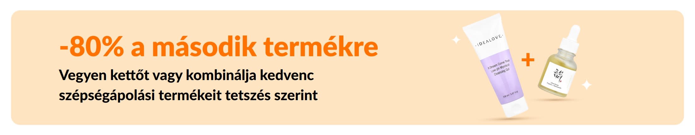 Vásároljon két terméket, és a másodikat 80% kedvezménnyel kínáljuk szépségápolási akciónk keretében, amelyben bőrápolási készítmények és tetszőlegesen összeállítható kozmetikumok szerepelnek.