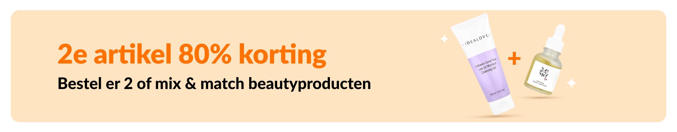 Profiteer van onze beauty-aanbieding: koop één beautyproduct en krijg het tweede met 80% korting! Deze actie omvat huidverzorgingsproducten en een mix-and-match actie met je favoriete beautyproducten.