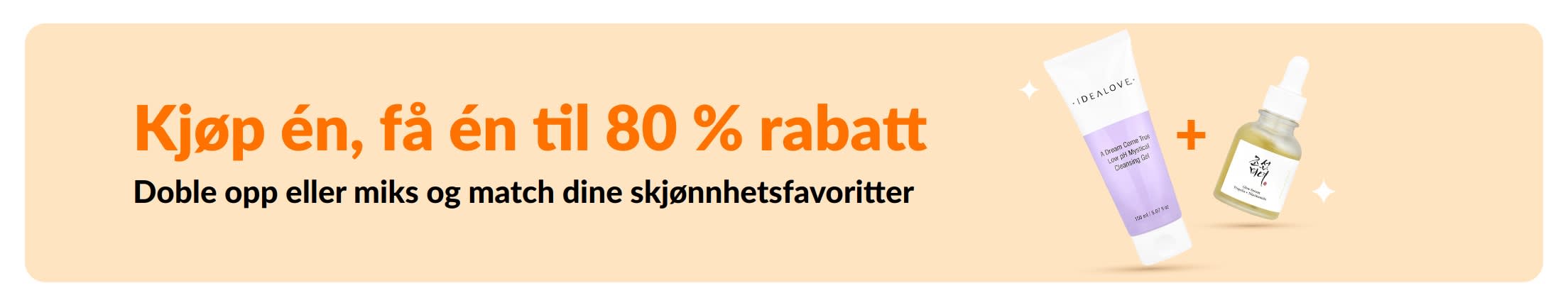 Kjøp én, få 80 % rabatt på det andre produktet i vårt skjønnhetssalg, med hudpleieprodukter og en «mix-and-match»-kampanje på dine skjønnhetsfavoritter.
