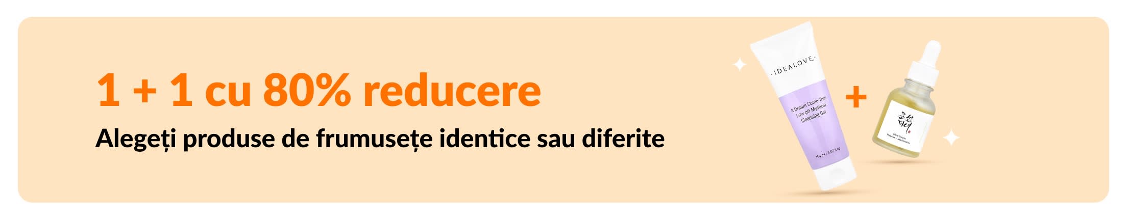 1 + 1 cu 80% reducere la produse de frumusețe, cu articole de îngrijire și posibilitatea de a combina cosmetice preferate.
