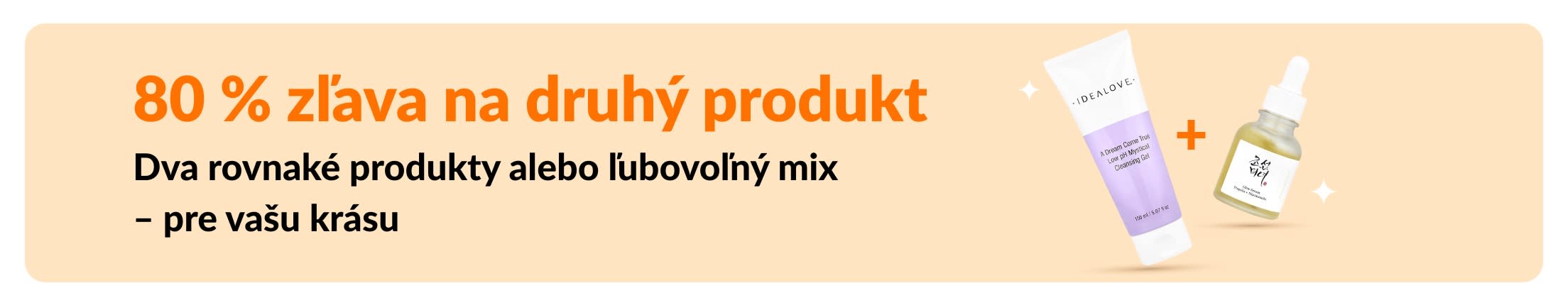 Výpredaj s 80 % zľavou na druhý kozmetický produkt zobrazujúci kozmetiku a akciu na kombinovanie produktov pre krásu