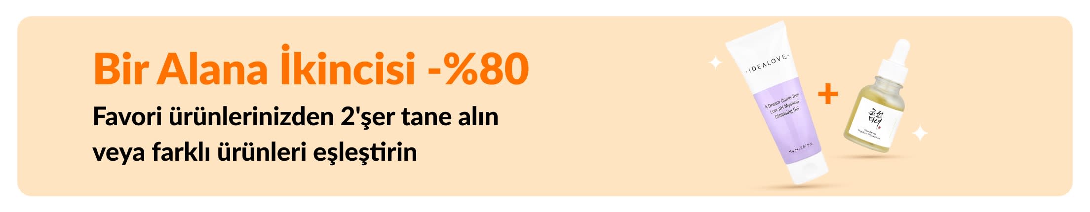 Cilt bakım ürünlerinin ve seçili güzellik favorilerinde karıştır ve eşleştir kampanyasının öne çıktığı, 1 alana 2.si %80 indirimli güzellik kampanyası.