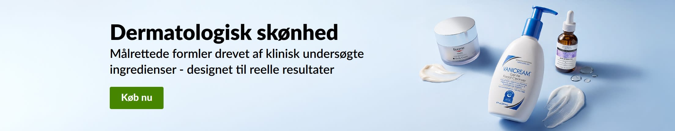 Lyseblåt banner, der viser tre dermatologiske skønhedsprodukter med teksten 