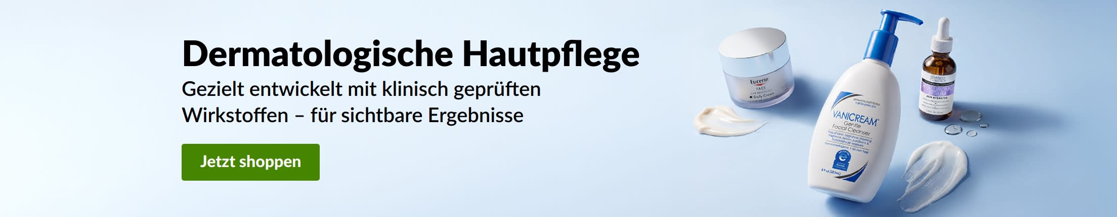 Ein hellblaues Banner, mit 3 dermatologischen Schönheitsprodukten und dem Text: „Dermatologische Hautpflege.“