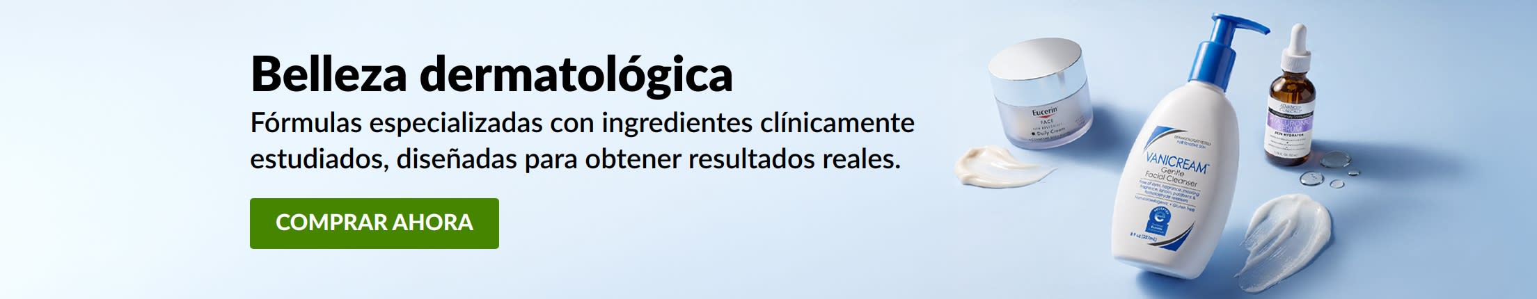 Banner azul claro en el que se muestran tres productos de belleza dermatológicos, con el mensaje: “Belleza dermatológica”.