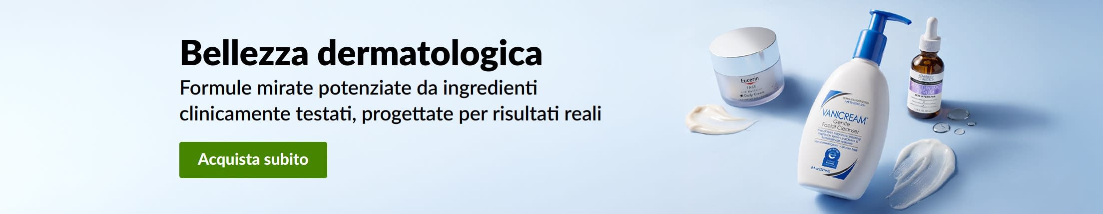 Banner azzurro che mostra 3 prodotti di bellezza dermatologici con il messaggio: 