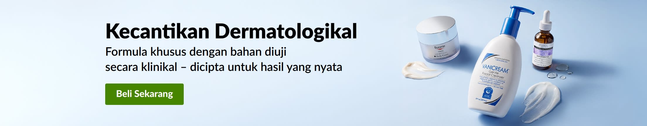 Sepanduk biru muda memaparkan 3 produk kecantikan dermatologi dengan mesej, 