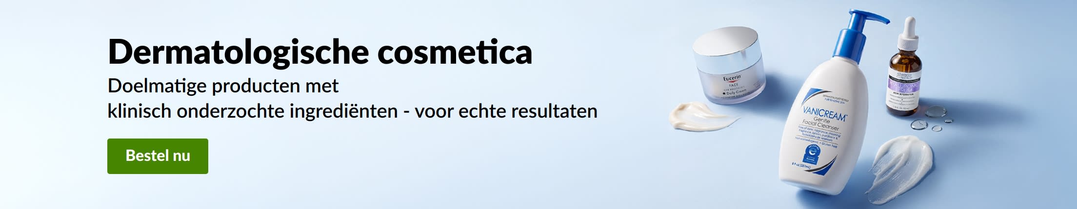 Lichtblauwe banner met 3 dermatologische schoonheidsproducten en de tekst: 