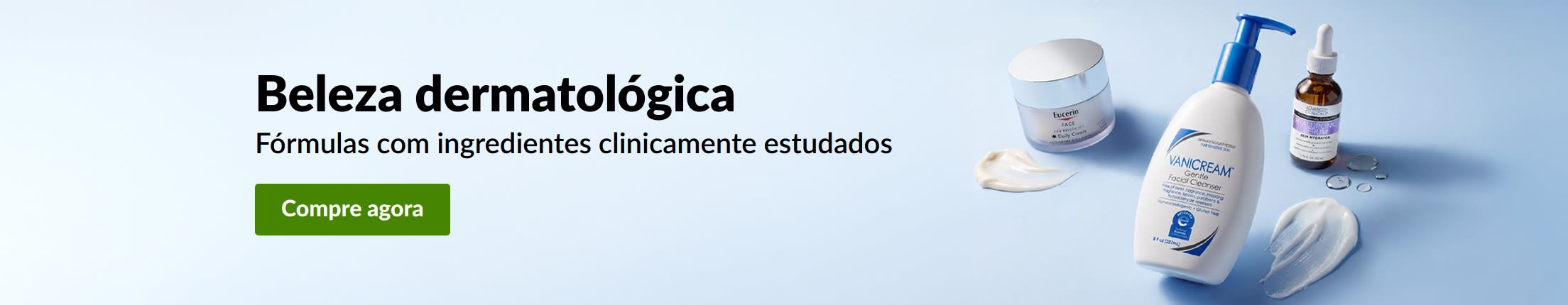Banner azul-claro com 3 produtos de beleza dermatológica e a mensagem: 