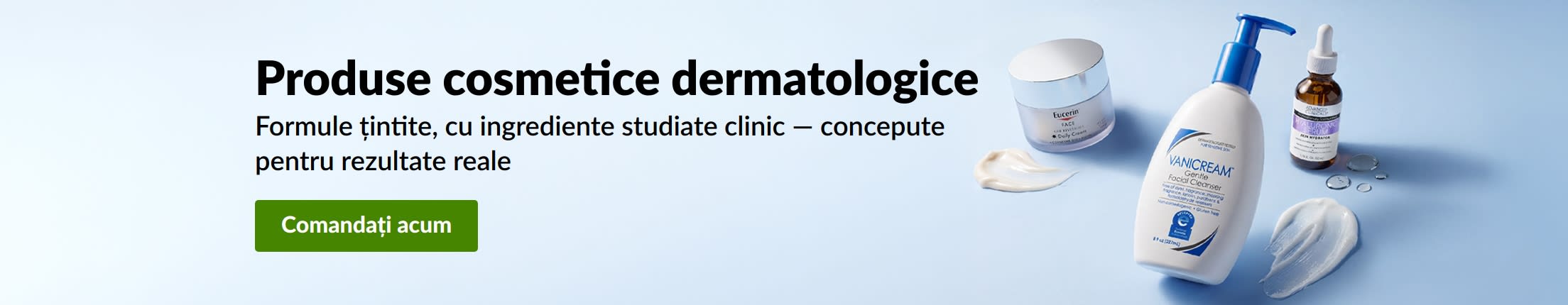 Banner bleu cu 3 cosmetice dermatologice și mesajul „Produse cosmetice dermatologice. Comandați acum.”