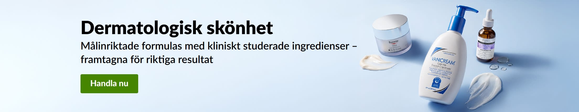 Ljusblå banner som visar tre dermatologiska skönhetsprodukter med texten 