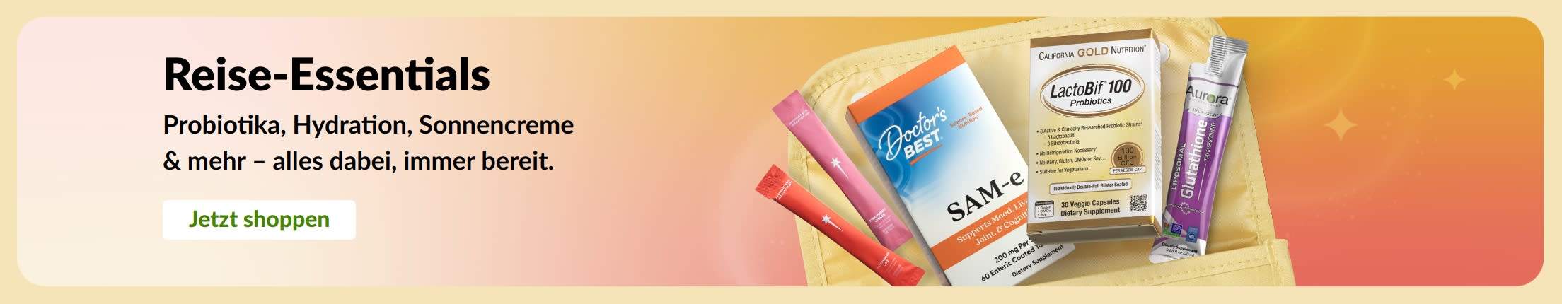 Banner mit Reisebedarf, der in einer Kulturtasche angeordnet ist, sowie einem „Jetzt kaufen“-Button.