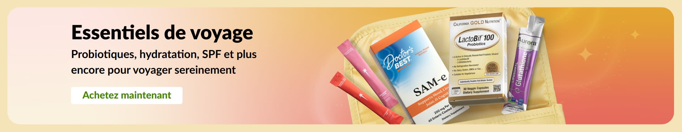 Bannière présentant des essentiels de voyage rangés dans un sac de voyage avec un bouton « Achetez maintenant ».