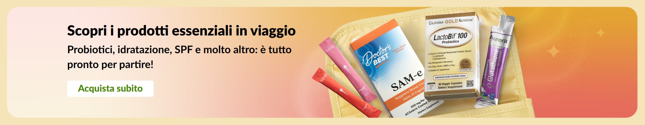 Banner che mostra prodotti essenziali per il viaggio all'interno di una borsa da viaggio, con un bottone che dice 