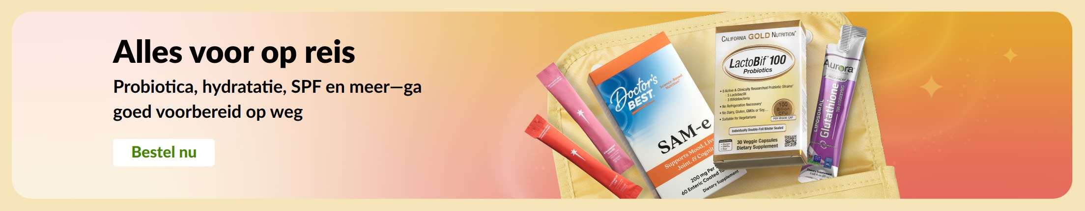 Banner met reisbenodigdheden in een reistas, met een 