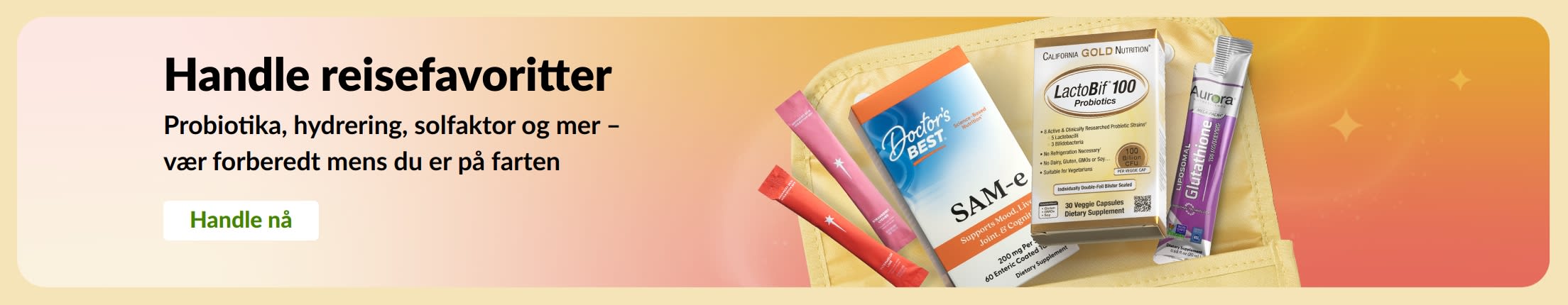 Banner med produkter for reisen organisert i en reiseveske med en «Kjøp nå»-knapp.