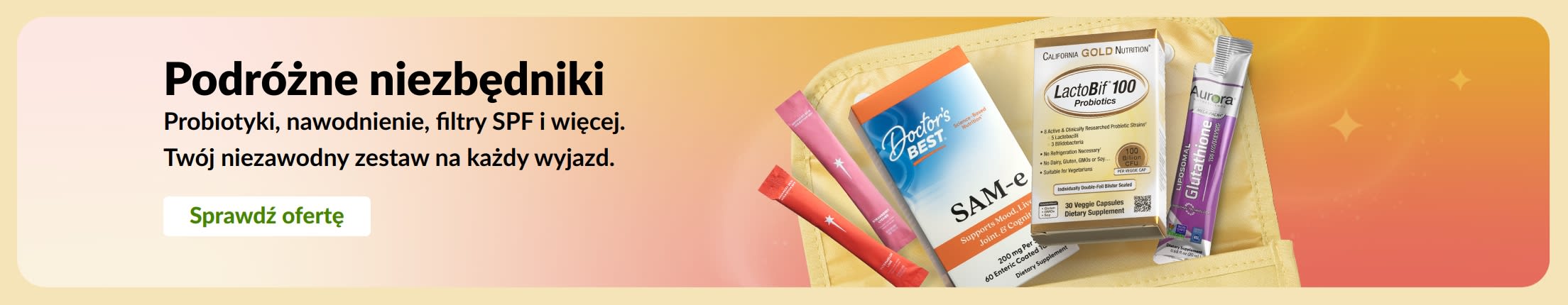 Baner przedstawiający niezbędne produkty w podróży ułożone w torbie podróżnej, z przyciskiem „Kup teraz”.
