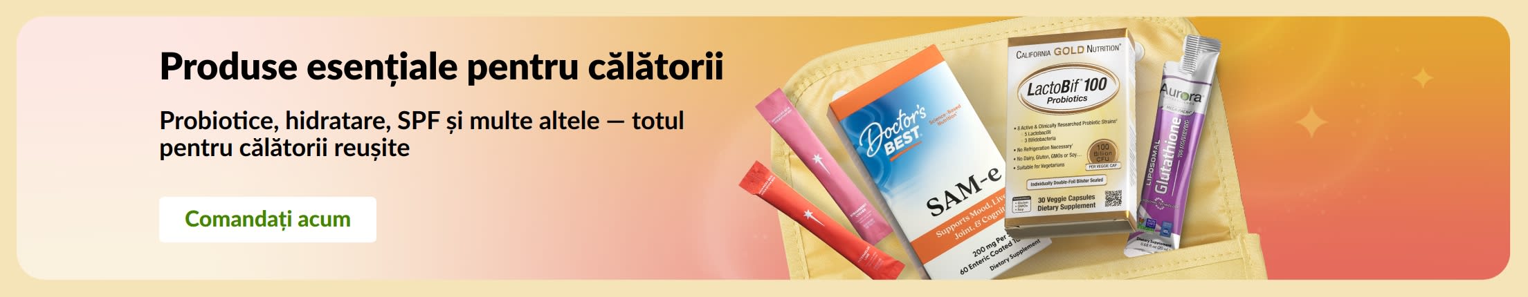 Banner cu produse esențiale pentru călătorii, aranjate într-o geantă de voiaj, și un buton „Comandați acum”.