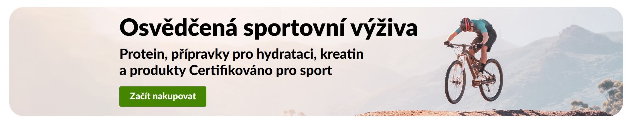 Banner pro sportovní výživu s cyklistou a tlačítkem Začít nakupovat pro protein, hydrataci, kreatin a Certifikováno pro sport.