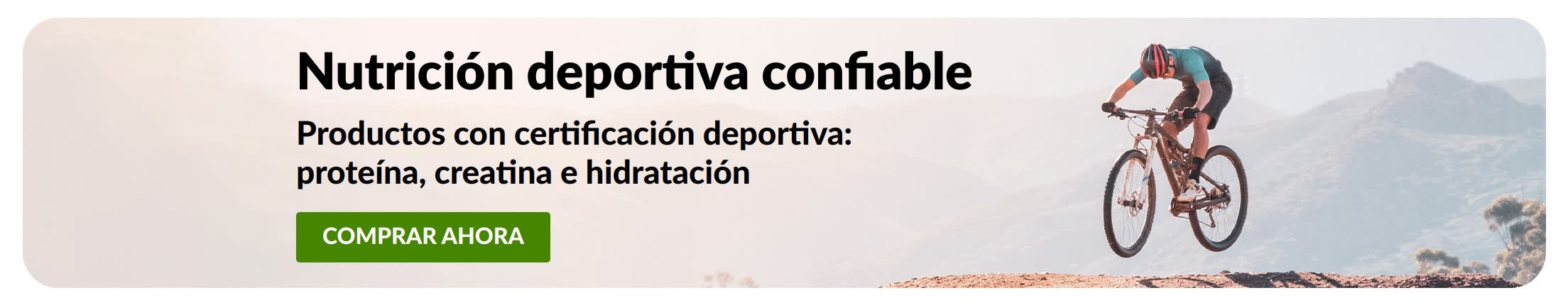 ‘‘Nutrición deportiva confiable’’: ciclista y el botón ‘‘COMPRAR AHORA’’ para productos con certificación deportiva.