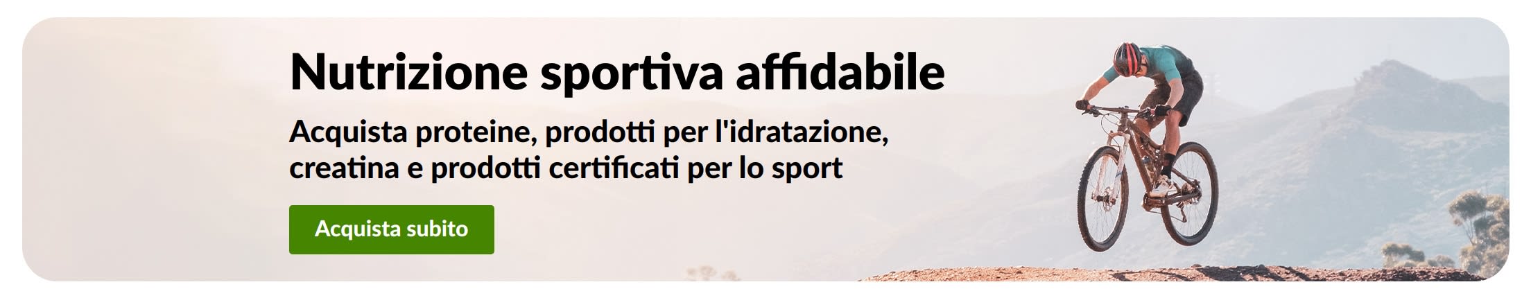 Banner sulla nutrizione sportiva con un ciclista di mountain bike e pulsante 