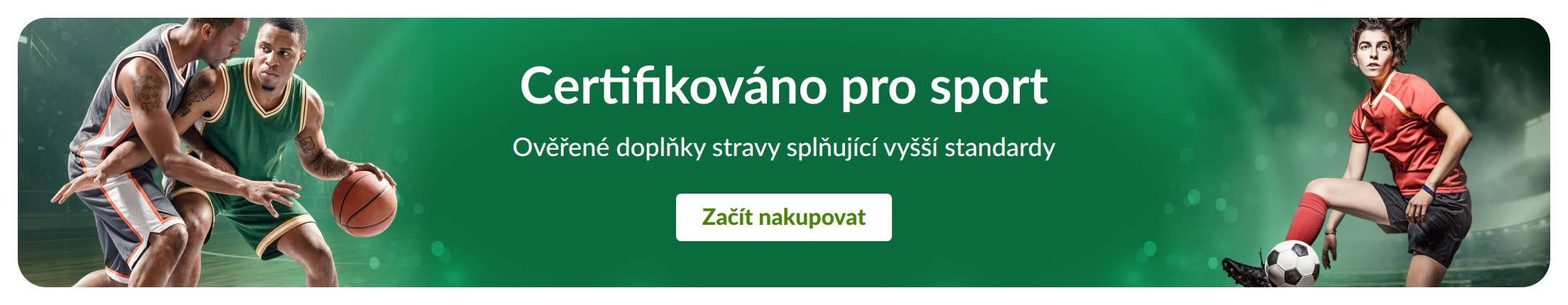 Zelený banner se sportovci. Uprostřed je text „Certifikováno pro sport. Ověřené doplňky stravy splňující vyšší standardy“