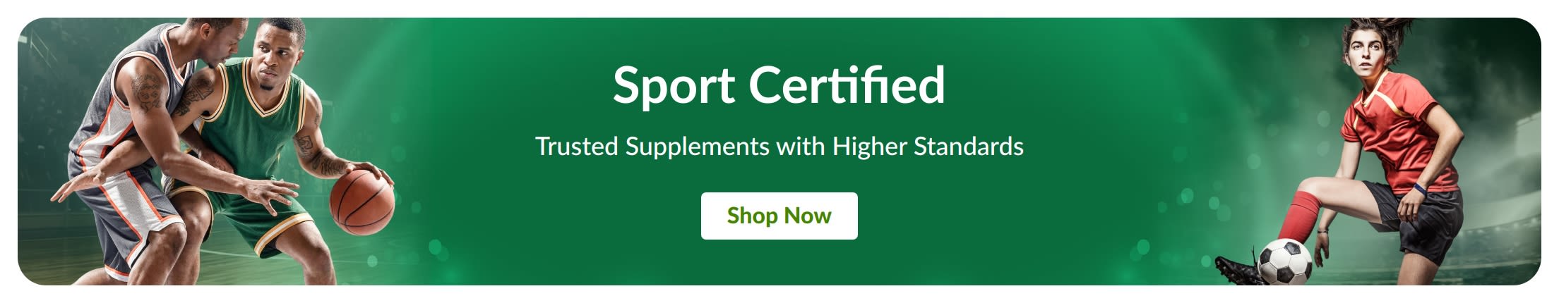 Green banner with sports players. Text in the center says, 