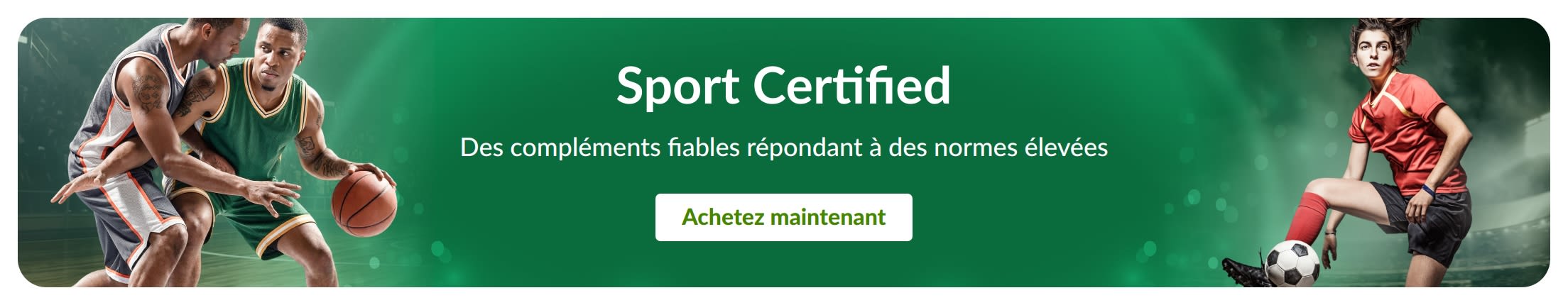 Bannière verte avec des sportifs et texte : 