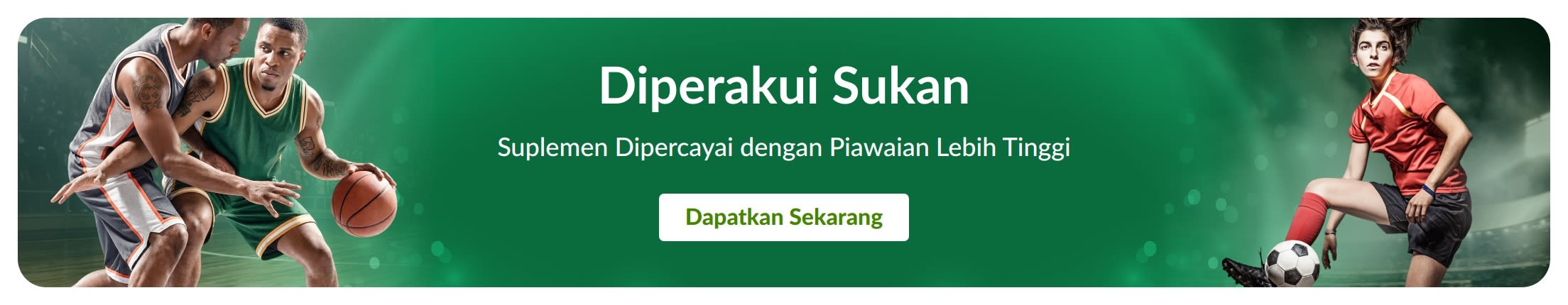 Sepanduk hijau dengan atlet sukan. Teks di tengah, 