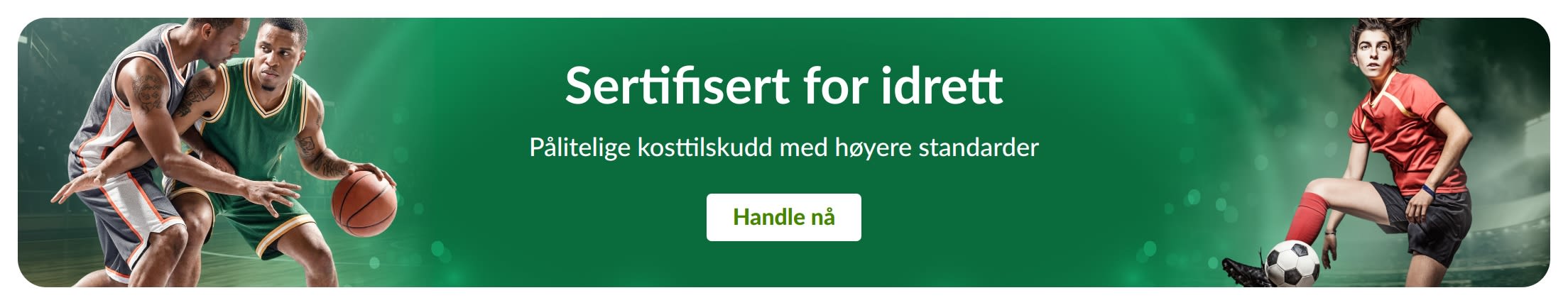 Grønt banner med idrettsutøvere. Teksten i midten sier: 