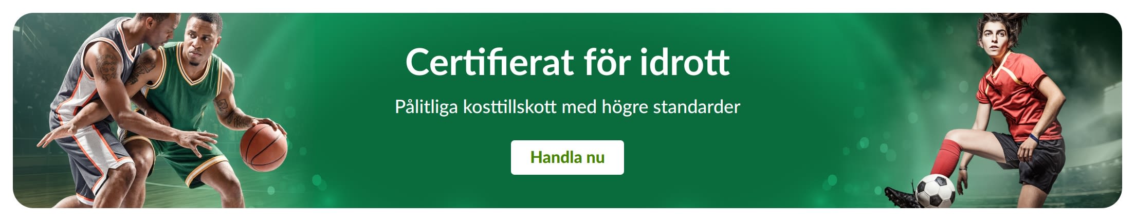 Grön banner med idrottare. Texten i mitten säger 