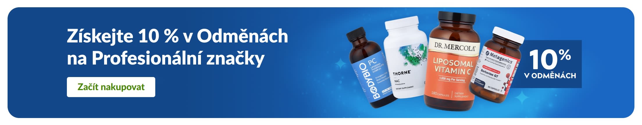 Banner propagující 10 % v Odměnách na profesionální značky doplňků stravy s produkty a tlačítkem „Nakupovat profesionální značky“
