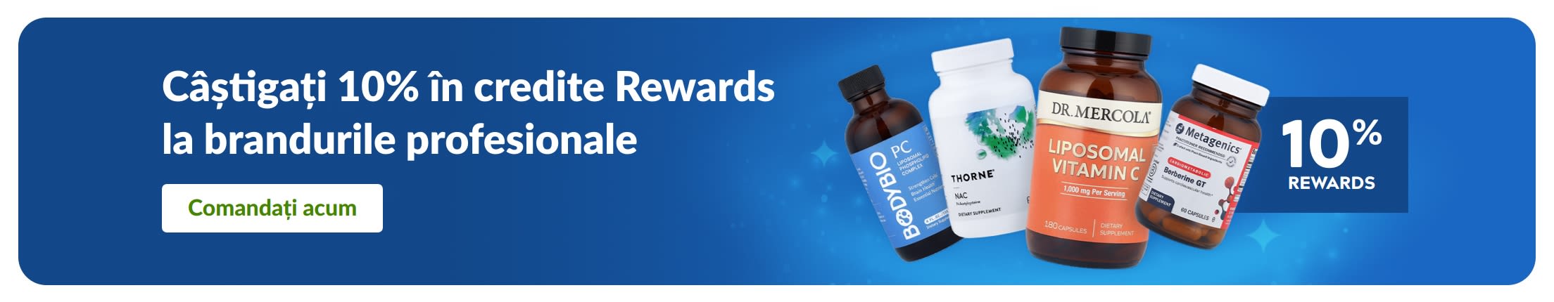 Banner cu 10% credite Rewards la branduri de suplimente profesionale, cu produse și buton „Alegeți branduri profesionale”.