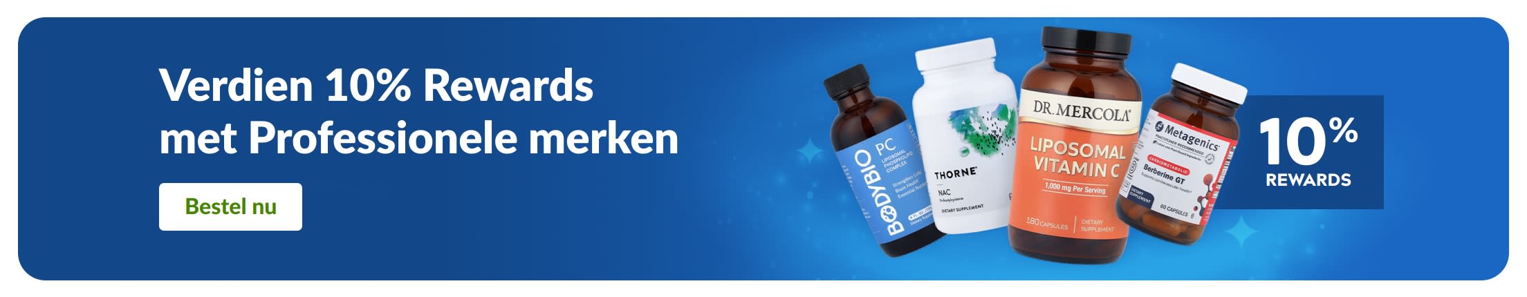 Banner met 10% Rewards bij Professionele supplementenmerken, inclusief productverpakkingen en een knop met 