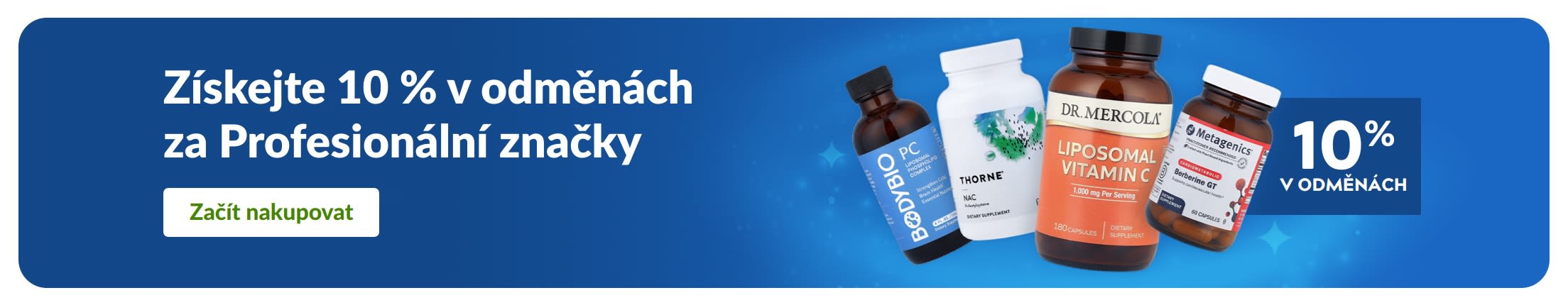 Banner propagující 10 % v odměnách za Profesionální značky doplňků stravy s produkty a tlačítkem „Nakupovat profesionální značky“