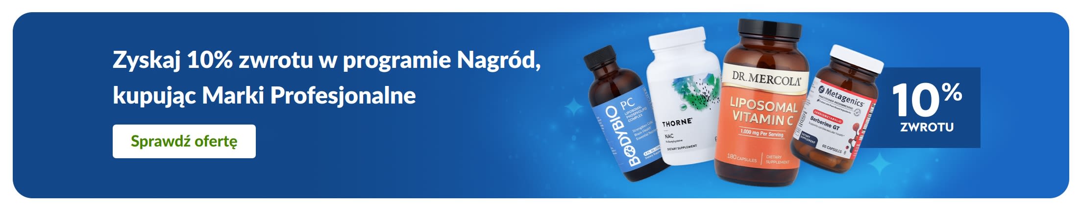 Baner promujący 10% w programie Nagród na profesjonalne marki suplementów, przedstawiający butelki produktów i przycisk „sprawdź ofertę”.