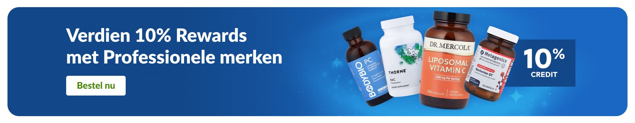 Banner met 10% Rewards bij Professionele supplementenmerken, inclusief productverpakkingen en een knop met 