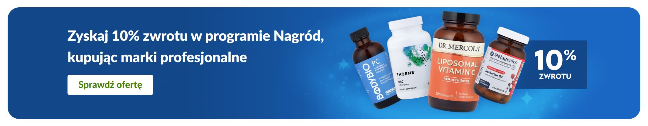 Baner promujący 10% w programie Nagród na profesjonalne marki suplementów, przedstawiający butelki produktów i przycisk „sprawdź ofertę”.