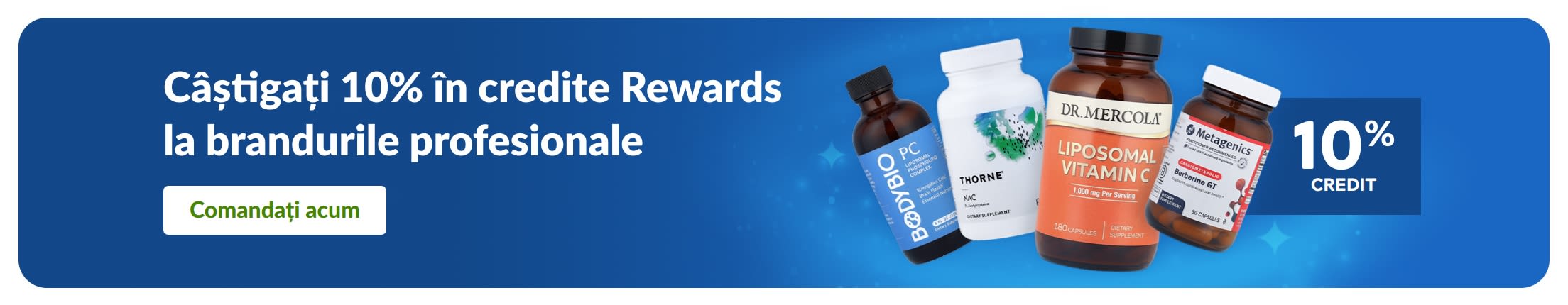 Banner cu 10% credite Rewards la branduri de suplimente profesionale, cu produse și buton „Alegeți branduri profesionale”.