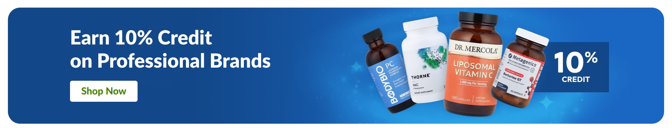 Banner promoting 10% rewards on professional supplement brands with product bottles and “Shop Now” button.