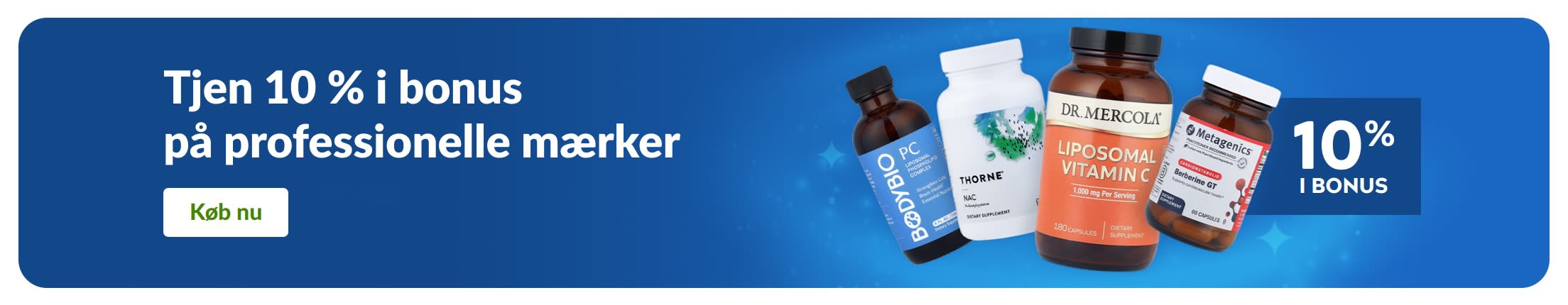 Banner, der promoverer 10 % i bonus på professionelle kosttilskudsmærker med produkter og en 