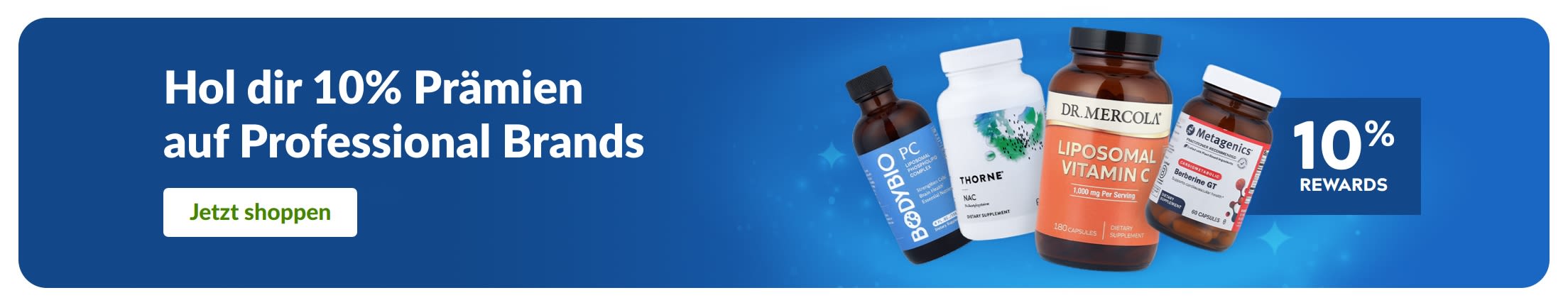 Banner, das für 10% Prämien wirbt auf professionelle Nahrungsergänzungsmittelmarken