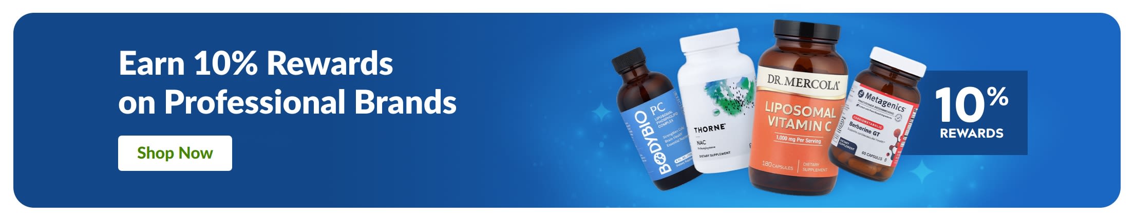 Banner promoting 10% rewards on professional supplement brands with product bottles and “Shop Now” button.