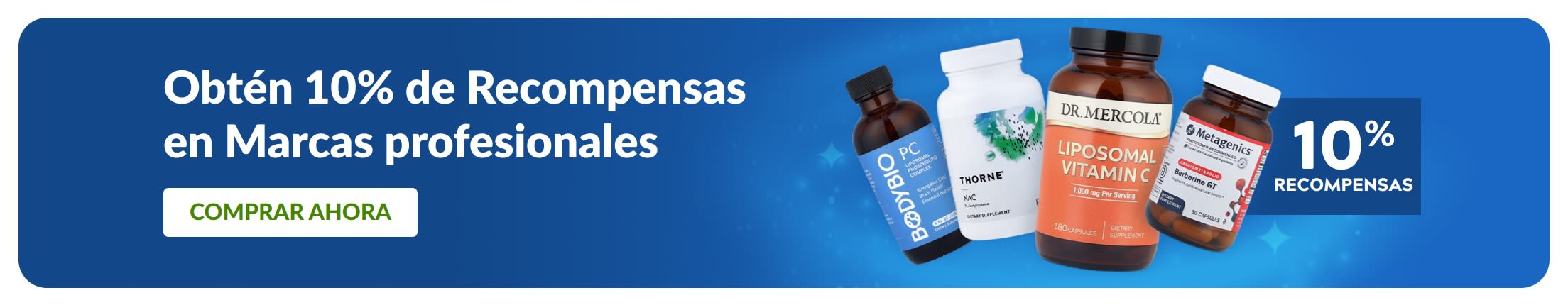 Banner que promociona un 10% de recompensas en marcas profesionales de suplementos.