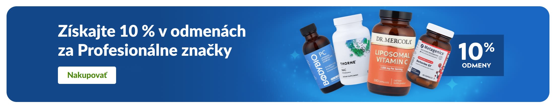 Baner propagujúci 10 % odmeny za nákup výživových doplnkov profesionálnych značiek s tlačidlom „Nakupovať“.